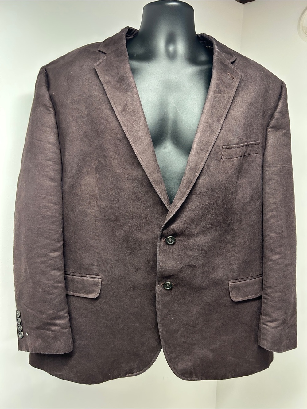 Chaps Mens Dark Brown Faux Suede Blazer Sport Coat Plaid Lined 44R L